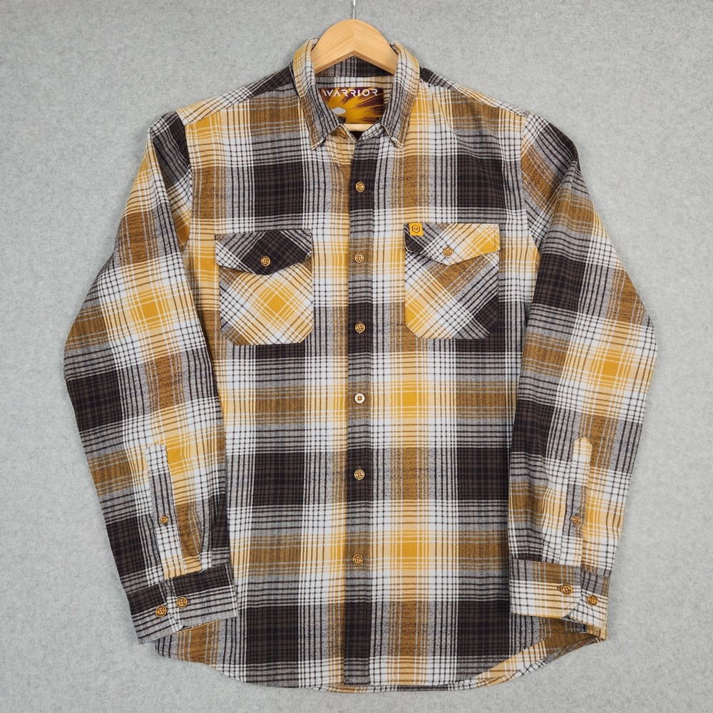 Warrior Flannel Shirt Mens Medium Yellow Black Plaid Long Sleeve Button Up